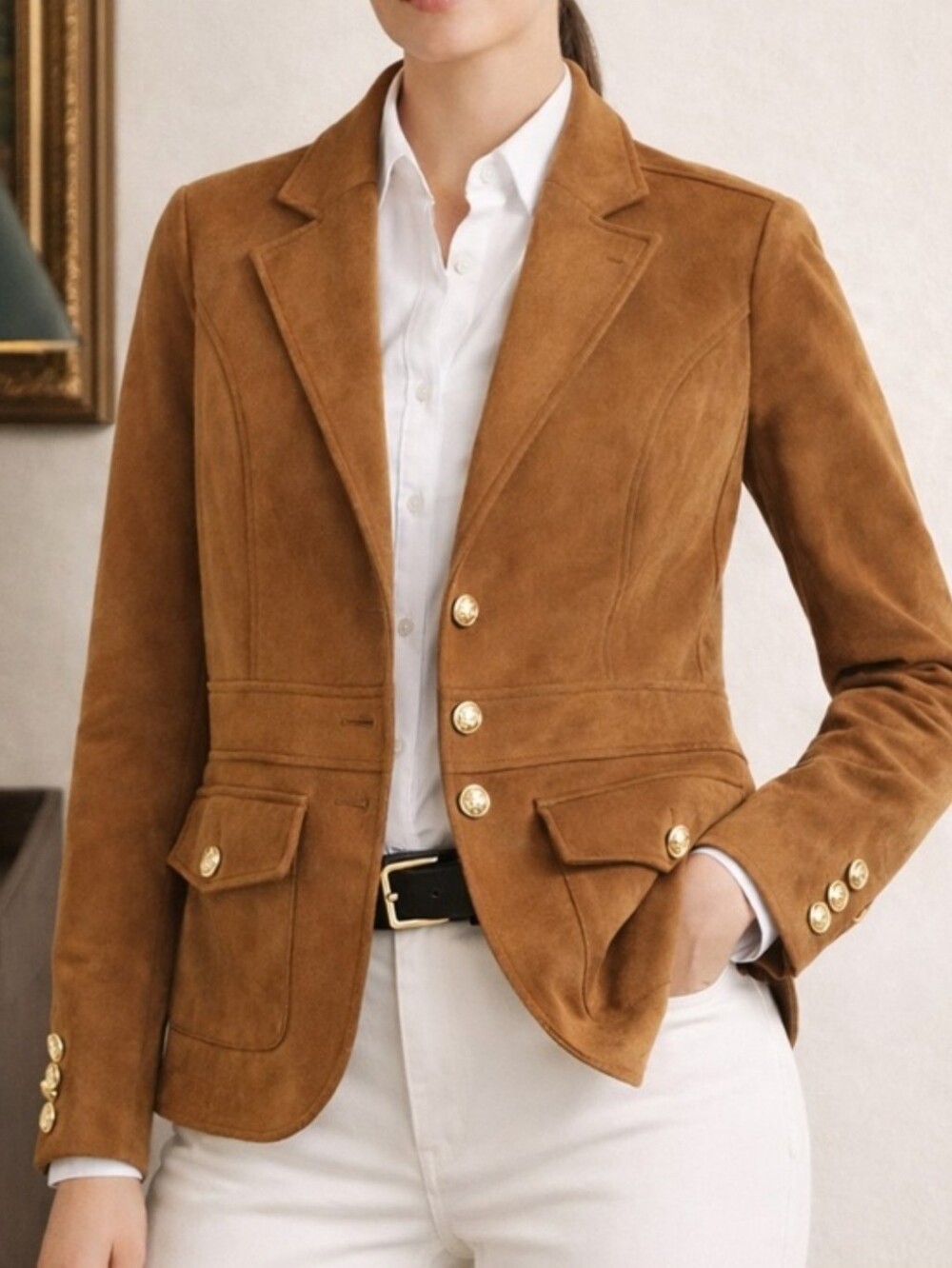 NEW Joie Brown Faux Suede Blazer Gold Buttons Equestrian Preppy Jacket Size M